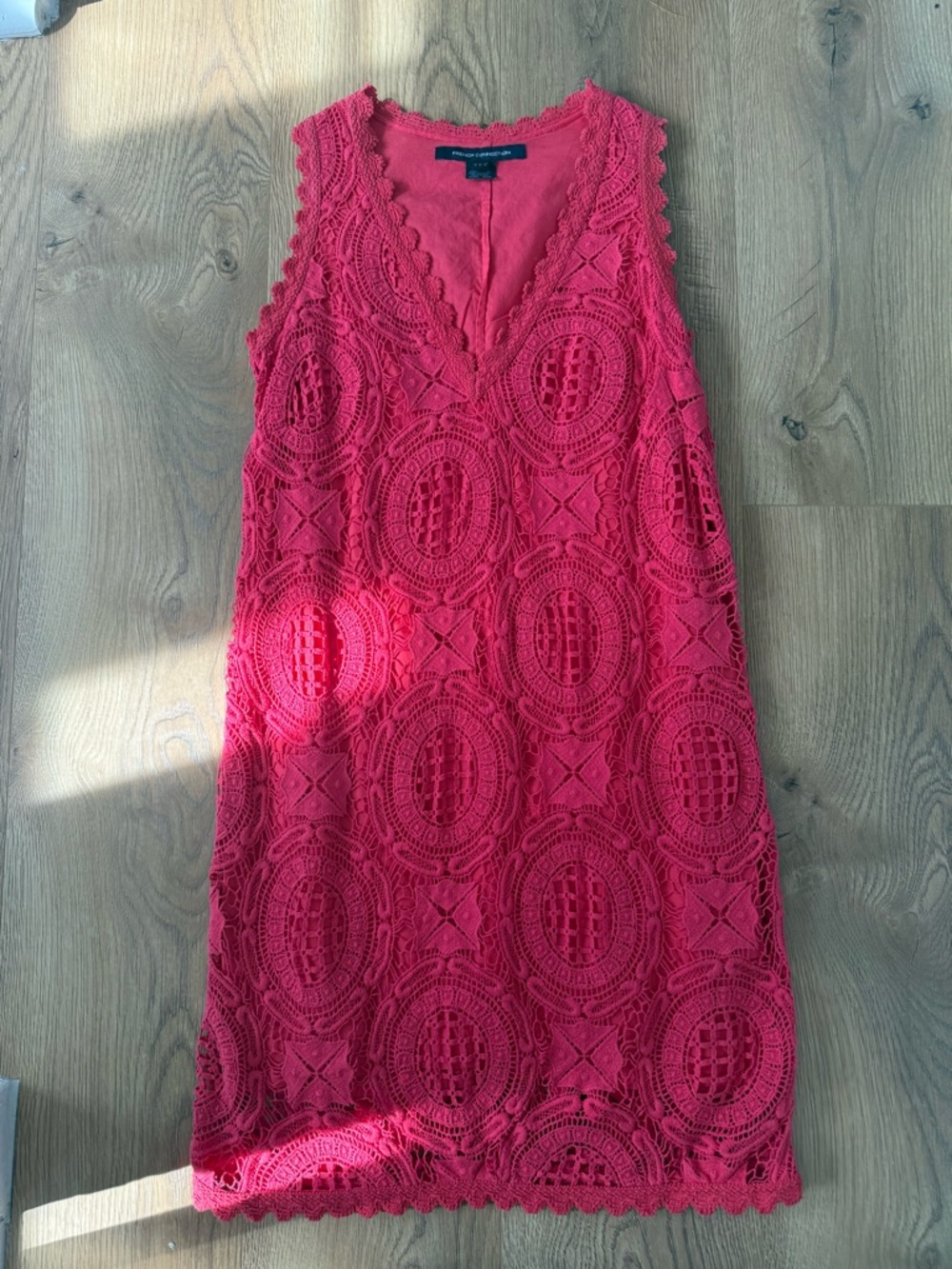 French Connection Hot Pink Crochet V-Neck Mini Dress